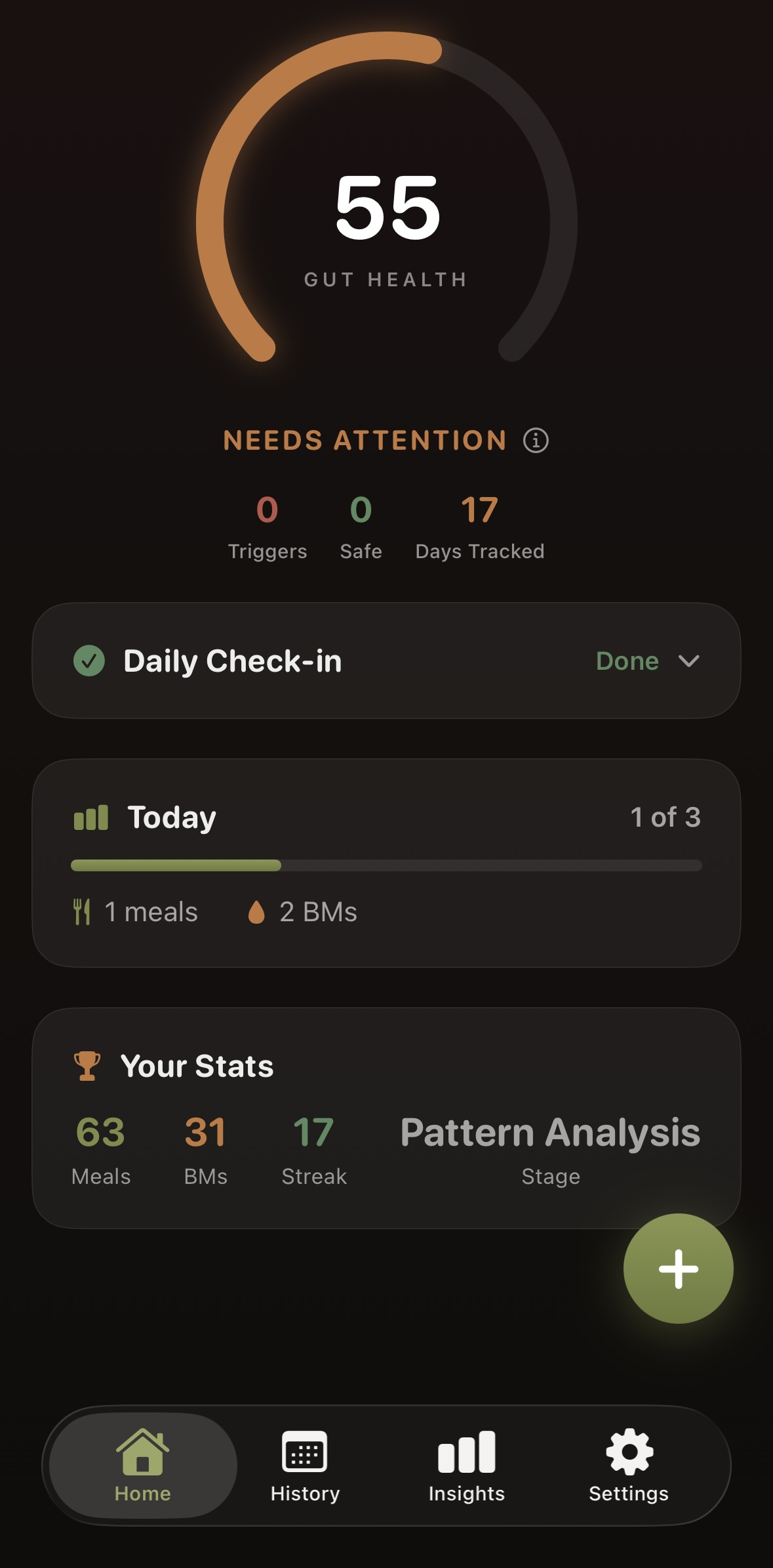 Tract home screen showing gut health score