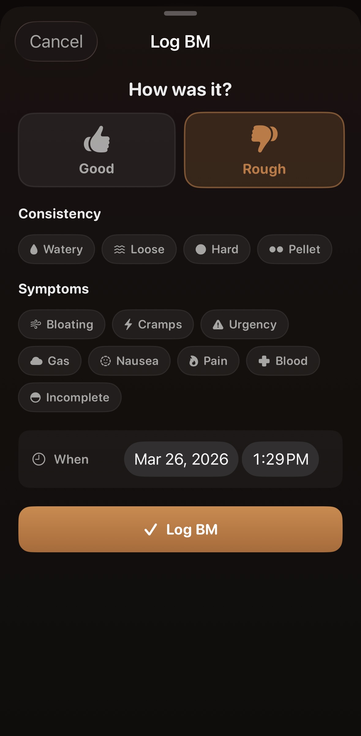 Log bowel movements with one tap